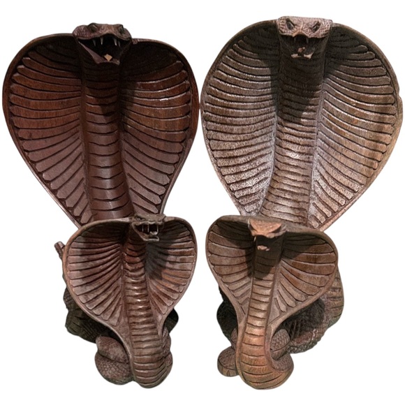 Vintage Set Of 4 Hand Carved Wood Cobras  Statuettes King Cobras Large Small - Picture 1 of 16